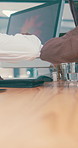 Doctor, hands and writing with patient, medical diagnosis and elbow touch for greeting. Hospital, healthcare worker and people with sick note, clinic form or document for symptoms and thank you