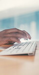 Creative, typing and hands with keyboard in office, copywriting and blog post publication on website. Copywriter, online and person with computer, email marketing and editing article in business