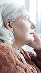Elderly, thinking and woman with memory in home for nostalgia, recall past and perspective. Retirement, senior person and reminisce in apartment for sentimental reflection, contemplating and ponder