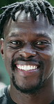 Exercise, face and black man with smile, outdoor for cardio workout, wellness or practice. Athlete, happy person or training for progress, discipline or ready for morning health routine and fitness