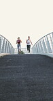 Fitness, friends and women on bridge with running, cardio or team exercise in physical activity. Space, collaboration or people outdoor with jog, stamina training and partner workout in Australia.