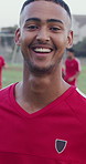 Soccer, face and man with ball on field for playing game, training and practice for match outdoor. Happy, athlete and portrait of person with team for exercise, challenge and fitness for sports club