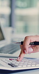 Businesswoman, hands and typing in office with calculator, laptop and bookkeeping for audit report. Accounting, person and calculation with computer, financial management or risk assessment for firm.