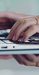 Woman, hands and typing in office with laptop, research and author editing creative project for ebook. Timelapse, female person and writer in workplace with computer, story development or reflection.