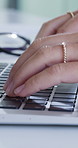 Woman, hands and typing in creative agency with laptop, research and author editing project for ebook. Timelapse, female person and writer in office with computer, story development and deadline.