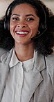 Face, agent and happy woman with headset in call center office for online advice or telesales. Portrait, male person or friendly consultant with smile or mic for virtual assistance, help or support