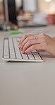 Woman, hands and typing in office with computer, search trends and planning copywriting campaign. Space, person and coworking in creative agency with desktop, advertising project and copywriter job.