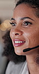 Night, agent and happy woman with headset in call center office for online advice or communication. Female person, consultant or talking with mic in late evening for virtual assistance or support