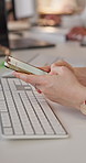 Woman, hands and typing in office with phone, draft email and internet for business communication. Coworking, person and browsing in workplace with tech, social media and text message for company.