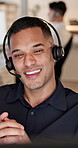 Man, agent or talking headset in call center for customer service, desktop support or online advice. Male person, consultant or smile with mic for virtual assistance, help or consulting in workplace