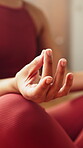 Yoga, mudra or hands in home with meditation, calm practice or mindfulness in wellness activity. Inner peace, lotus or woman on mat with healing, zen or mindset improvement for holistic health.