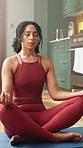Yoga, mudra or woman in house with meditation, calm practice or mindfulness in wellness activity. Inner peace, lotus or person on mat with healing, zen or mindset improvement for holistic health.