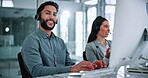 Face, computer and businessman with headset in office, laughing and confident for career development. Coworking, business and happy people with tech for lead generation, online and typing sales offer