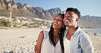 Laugh, black couple and hug on holiday at beach for romantic getaway, sightseeing and support. Travel, love or happy people with embrace at seaside for exploring, conversation or healthy relationship