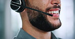 Agent, mouth and consulting on headset in call center for customer service, online help and CRM. Contact us, happy consultant and talk on microphone for inbound client query, helpdesk and assistance