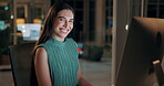 Computer, face and smile with business woman in office for investment report, about us and night. Overtime review, account portfolio and risk management with employee in agency as consultant