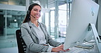 Face, computer and businesswoman with headset in office, laugh and confident for career development. Call center, portrait and happy person with tech for lead generation, online or typing sales offer