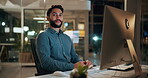 Computer, face and laugh with business man in office for investment report, about us and night. Overtime review, account portfolio and risk management with male employee in agency as consultant