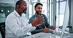 Telemarketing, computer and team with headset in business, laughing and planning for lead generation. Call center, coworking and happy people with technology for sales, conversation and collaboration