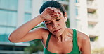 Tired, woman or fitness with sweat for workout break, rest or outdoor breathing exercise in city. Exhausted, female person or runner catching breathe for training, cooldown or recovery in urban town