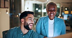 People, laughing and team with computer in business, troubleshooting and performance review at night. Programmer, collaboration and colleagues with technology for software development or working late