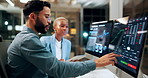 Trading, tablet and team advice on computer screen in office for market timing, trends or overtime. Trader dashboard, people and tech with graphs at night for price movement, economy news and mentor