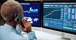 Phone call, computer screen and back of black woman in office with finance data, statistics or graphs. Tech, charts and African financial trader on mobile discussion for feedback on stock market.