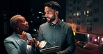 Meeting, balcony and business people on tablet at night for planning, discussion and finance report. Corporate, team and man with woman on tech for financial advice, budget proposal and investment