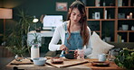 Matcha, bowl and whisk with woman in home for green tea, wellness and organic beverage. Antioxidant drink, traditional  preparation and detox with person in living room of apartment for culture