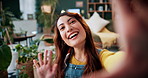 Vlogger, face or happy woman with plants in home for agro business, gardening advice or tips. Portrait, female person or  influencer live recording with smile in POV for video call or botany in house
