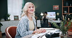 Creative, face and woman with computer in business, graphic designer and digital project on website. Employee, portrait and happy person with technology, coworking and confident for design in office