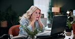 Frustrated, woman or headache with stress on laptop in home for mistake, error or failure. Upset, female person or anger with computer, migraine or anxiety for network delay or slow internet in house