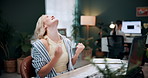 Excited, woman and celebration with laptop in office for campaign success, site launch or applause. Coworking, person and tech with fist pump for pitch approval, marketing incentive and achievement