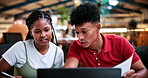 Research, college and laptop with people in library for education, assignment submission and tutor feedback. University, student scholarship and exam grades with friends on campus for class schedule