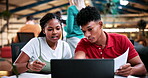 Study, college and laptop with people in library for education, assignment submission and tutor feedback. University app, student scholarship and exam grades with friends on campus for class schedule