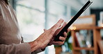 Hands, scrolling and tablet with senior person in home living room for connectivity or retirement. App, browsing and internet search with old woman in apartment for download, post or subscription