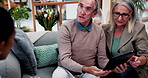 Old couple, tablet and consultant in home for finance, retirement planning or policy update. Elderly people, tech and insurance agent in living room for discussion, pension FAQ or online application