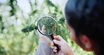 Outdoor, cannabis or hands with magnifying glass for farming, leaf inspection or growth observation. Agriculture, farmer or woman with check for quality control, hemp cultivation or strain evaluation