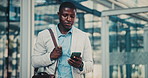 Unhappy, businessman and texting with phone in city, travel or lawyer with negative feedback on web. Outdoor, attorney and black person with bad news on mobile, online and disappointed by case loss