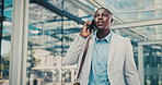 Phone call, walking and black man in glass office with communication, negotiation or finance review. Talk, cellphone and financial manager on mobile discussion for feedback on investment in workplace