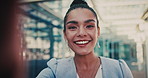 Video call, laugh and business woman in city for property developer, communication and commute. Real estate consultant, virtual advisor and streaming pov with face of person outdoor for joke