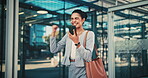 Fist pump, phone and business woman in city for job promotion, contact and portfolio bonus. Career growth, account deal and online news with employee outdoor for celebration, mobile and success