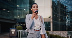 Loud speaker, phone call and businesswoman with smile in city, travel and legal consultation on web. Outdoor, lawyer and happy person with mobile for voice note, walking or communication with contact