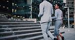 Smile, business and people walking in city for travel, journey and steps with lawyer team. Attorney, talk and morning commute in town for collaboration, legal representative and stairs to courthouse