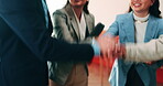 Support, stack and hands of business people in office for motivation, company deal and success. Solidarity, applause and mission with employees in agency for  achievement, collaboration and team