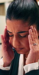 Woman, headache or stress with eye strain for business mistake, fatigue or burnout in office. Accountant, tired person or employee with migraine, anxiety or pain for company fail or deadline pressure