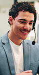 Smile, talking and man with headset in call center, sales pitch and networking for lead generation. Discussion, telemarketing and happy agent with tech for offer inquiry, proposal and product faq