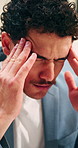 Man, headache or stress with eye strain for business mistake, fatigue or burnout in office. Accountant, tired person or employee with migraine, anxiety or pain for company fail or deadline pressure