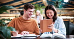 Smile, college and tablet with people in library for gossip, social media and viral post. University app, bonding and student sorority update with friends on campus for communication, books and news