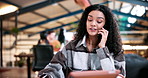 Education, phone call and woman student in library at university for conversation or feedback. Communication, learning and study with happy person at college for development, future or scholarship